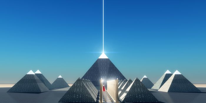 A beam of light shines from the top of an Egyptian pyramid to transport the spirit of the Pharaoh into the heavens.