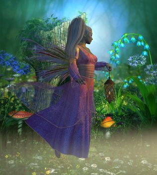 Fairy Laryn flies through the misty forest in the evening holding a bright lantern to light her way.