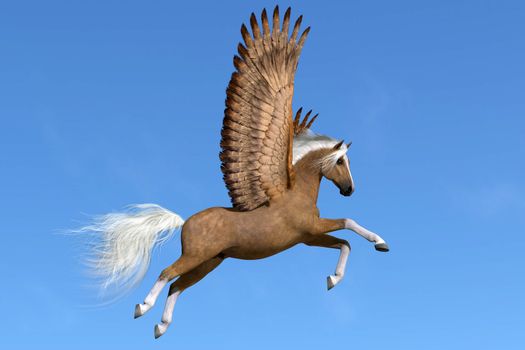 A palomino Pegasus flies on powerful wings on a clear spring day to his next destination.