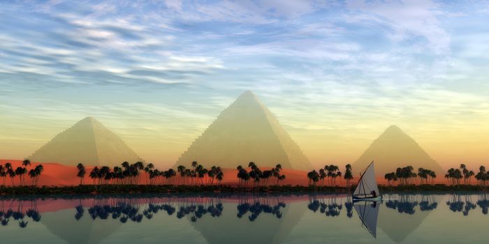 The Great Pyramids stand majestically over the Nile River running through the land of Egypt.