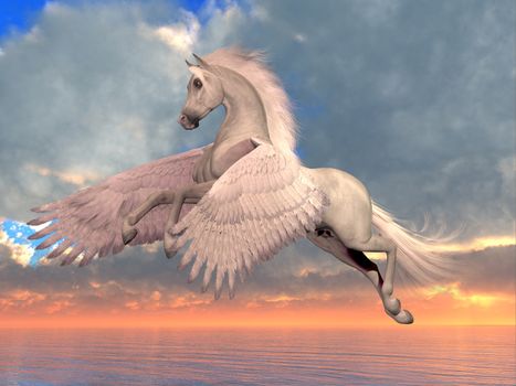 An Arabian Pegasus horse rises on powerful wings to fly over the ocean on a sunny day.
