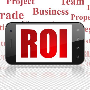 Finance concept: Smartphone with  red text ROI on display,  Tag Cloud background, 3D rendering