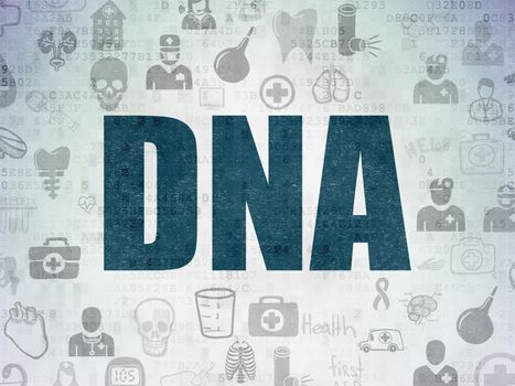 Healthcare concept: Painted blue text DNA on Digital Data Paper background with   Hand Drawn Medicine Icons