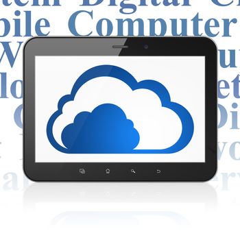 Cloud networking concept: Tablet Computer with  blue Cloud icon on display,  Tag Cloud background, 3D rendering