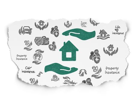 Insurance concept: Painted green House And Palm icon on Torn Paper background with  Hand Drawn Insurance Icons