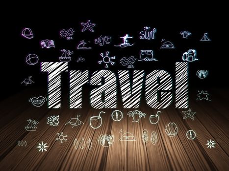 Travel concept: Glowing text Travel,  Hand Drawn Vacation Icons in grunge dark room with Wooden Floor, black background