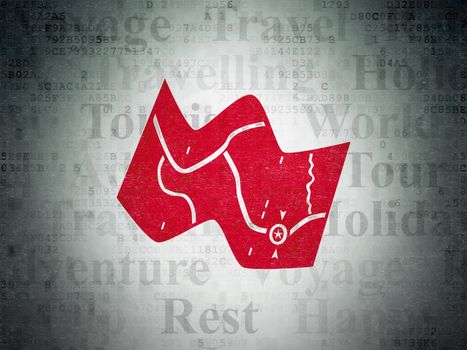 Travel concept: Painted red Map icon on Digital Data Paper background with  Tag Cloud