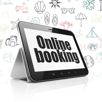 Vacation concept: Tablet Computer with  black text Online Booking on display,  Hand Drawn Vacation Icons background, 3D rendering