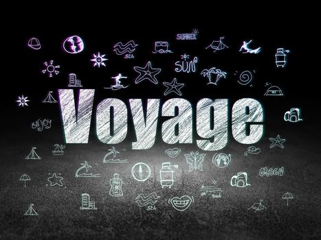 Tourism concept: Glowing text Voyage,  Hand Drawn Vacation Icons in grunge dark room with Dirty Floor, black background