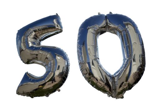 silver balloons for a 50th anniversary floating against white background