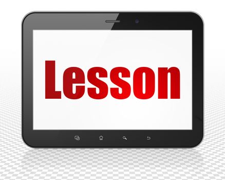 Learning concept: Tablet Pc Computer with red text Lesson on display, 3D rendering