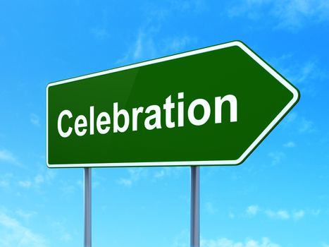 Holiday concept: Celebration on green road highway sign, clear blue sky background, 3D rendering