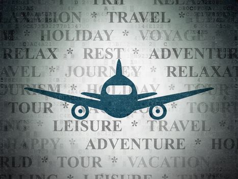 Travel concept: Painted blue Aircraft icon on Digital Data Paper background with  Tag Cloud