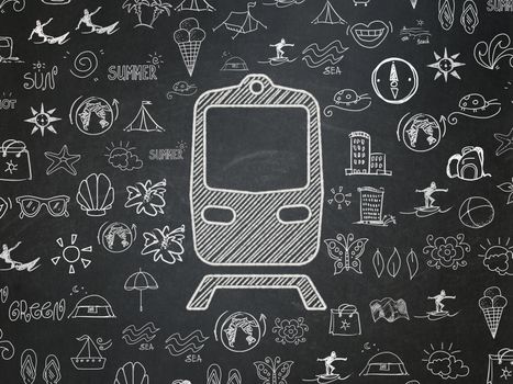 Tourism concept: Chalk White Train icon on School board background with  Hand Drawn Vacation Icons, School Board