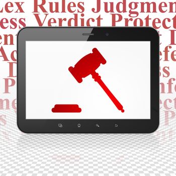 Law concept: Tablet Computer with  red Gavel icon on display,  Tag Cloud background, 3D rendering