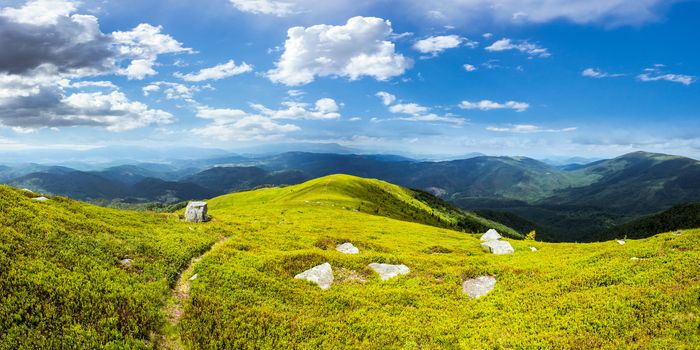 composite landscape with narrow meadow path in grass among white stones on top of mountain range