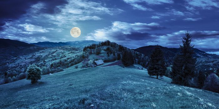 abandoned farm field with ruined barn in mountains near coniferous forest at night in full moon light