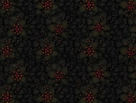 Digital illustration of holly plants with mutiple colors of berries filling the entire canvas with deep dark shadows.