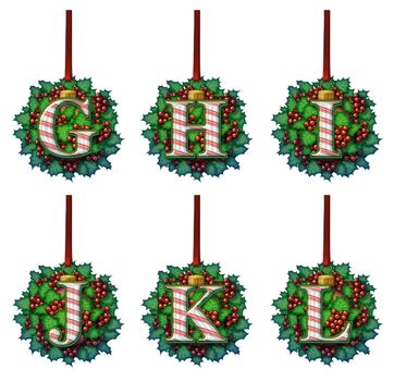 A candy cane alphabet made out of holly and glass ball ornaments.