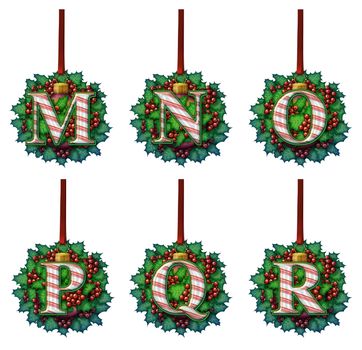 A candy cane alphabet made out of holly and glass ball ornaments.