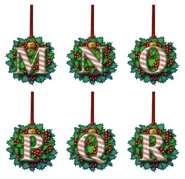 A candy cane alphabet made out of holly and glass ball ornaments.