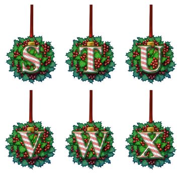 A candy cane alphabet made out of holly and glass ball ornaments.