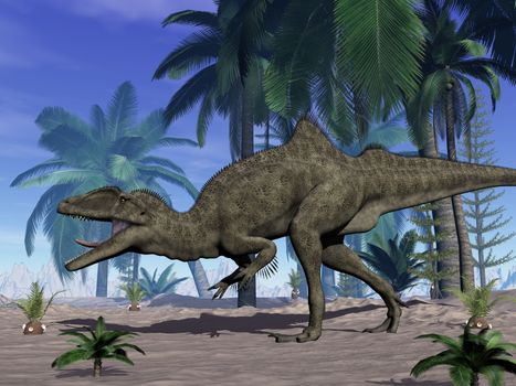 Concavenator dinosaur roaring in the desert by day - 3D render