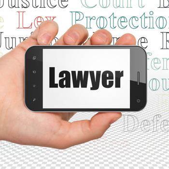 Law concept: Hand Holding Smartphone with  black text Lawyer on display,  Tag Cloud background, 3D rendering