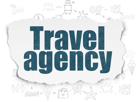Tourism concept: Painted blue text Travel Agency on Torn Paper background with Scheme Of Hand Drawn Vacation Icons