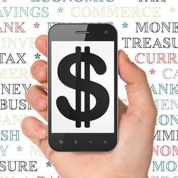 Money concept: Hand Holding Smartphone with  black Dollar icon on display,  Tag Cloud background, 3D rendering