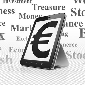 Money concept: Tablet Computer with  black Euro icon on display,  Tag Cloud background, 3D rendering