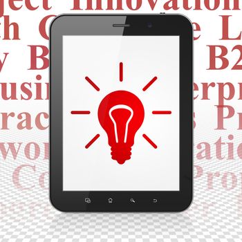 Finance concept: Tablet Computer with  red Light Bulb icon on display,  Tag Cloud background, 3D rendering