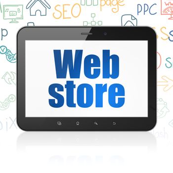 Web design concept: Tablet Computer with  blue text Web Store on display,  Hand Drawn Site Development Icons background, 3D rendering