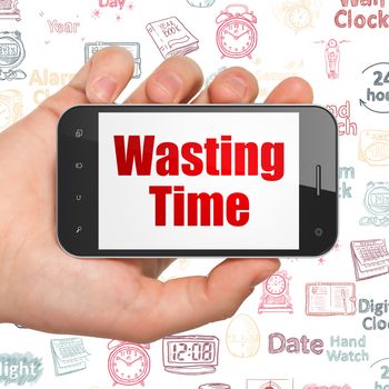 Timeline concept: Hand Holding Smartphone with  red text Wasting Time on display,  Hand Drawing Time Icons background, 3D rendering