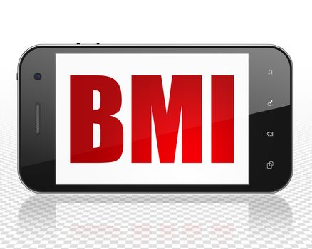 Medicine concept: Smartphone with red text BMI on display, 3D rendering