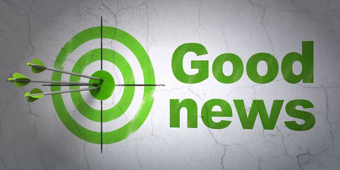 Success news concept: arrows hitting the center of target, Green Good News on wall background, 3D rendering