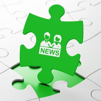 News concept: Anchorman on Green puzzle pieces background, 3D rendering