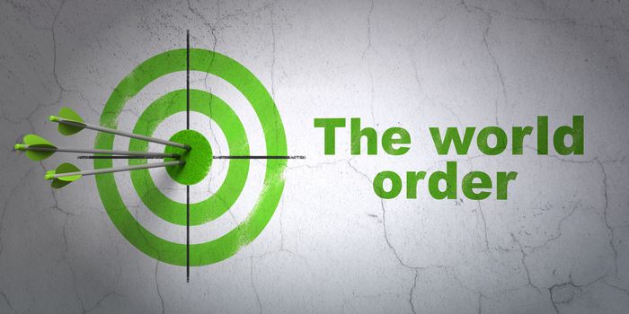 Success politics concept: arrows hitting the center of target, Green The World Order on wall background, 3D rendering