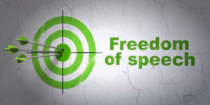 Success politics concept: arrows hitting the center of target, Green Freedom Of Speech on wall background, 3D rendering