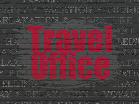 Tourism concept: Painted red text Travel Office on Black Brick wall background with  Tag Cloud