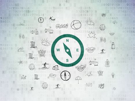 Vacation concept: Painted green Compass icon on Digital Data Paper background with  Hand Drawn Vacation Icons