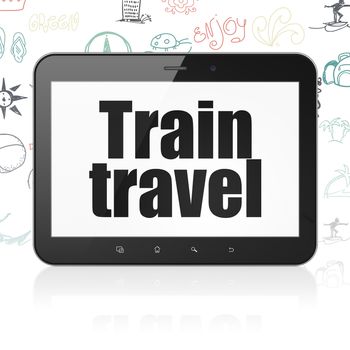 Vacation concept: Tablet Computer with  black text Train Travel on display,  Hand Drawn Vacation Icons background, 3D rendering