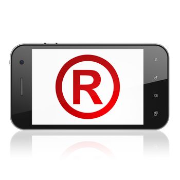 Law concept: Smartphone with  red Registered icon on display,  Tag Cloud background, 3D rendering