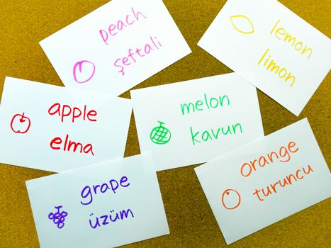 Learning name of the fruits in another language with flash cards.