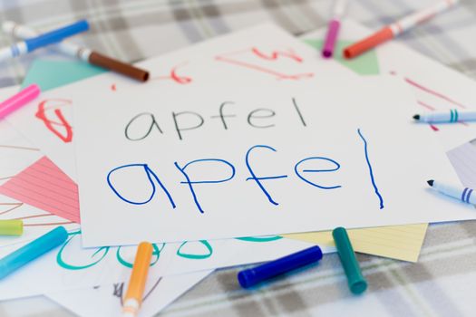 German; Kids Writing Name of the Fruits for Practice (Translation; Apple)