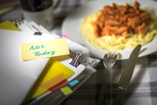 Not Today; Stack of Documents. Working or Studying while Eating.