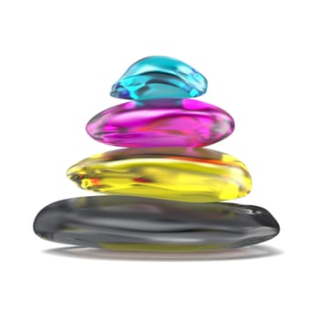 CMYK rocks arranged 3D render illustration isolated on white background