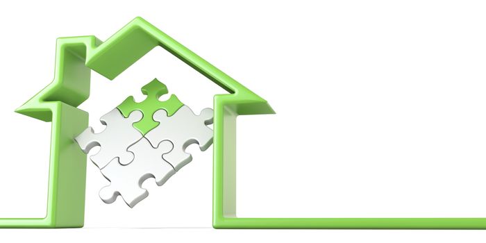 Puzzle in house made of green line 3D render illustration isolated on white background