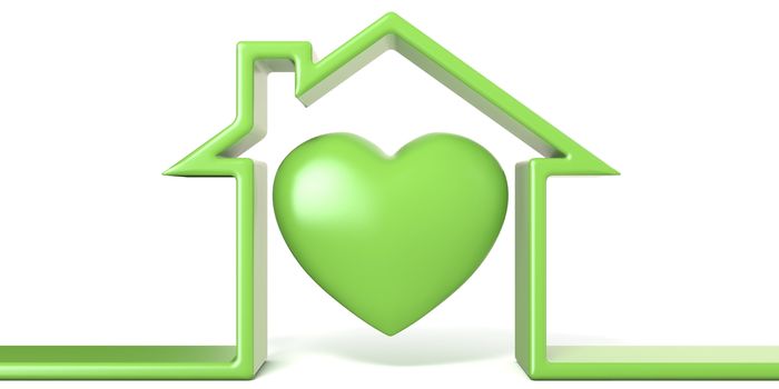Heart in house made of green line 3D render illustration isolated on white background