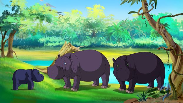 Family of hippos near the river. Mom, Dad and little calf. Digital painting  cartoon style full color illustration.